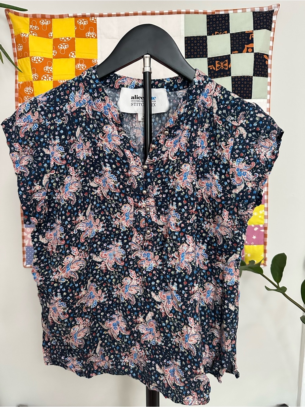 Alice Blue Navy Paisley Cap-Sleeve V‑Neck Blouse